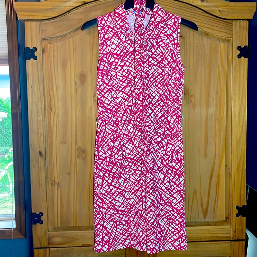 JMcLaughlin Pink Catalina cloth stretch, belted wrap dress, size small.